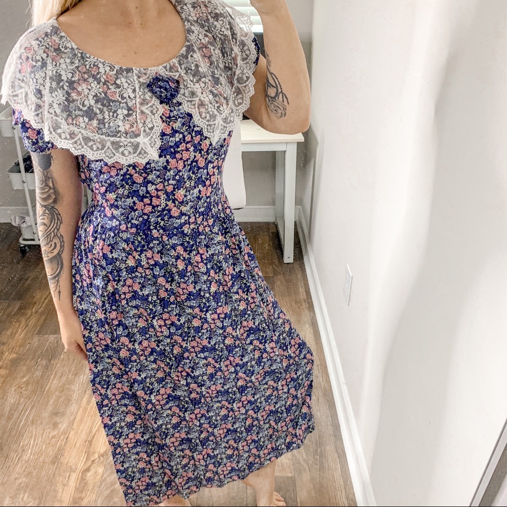 Vintage Gunne Sax Victorian Lace Floral Micro Print Midi Dress Cottagecore